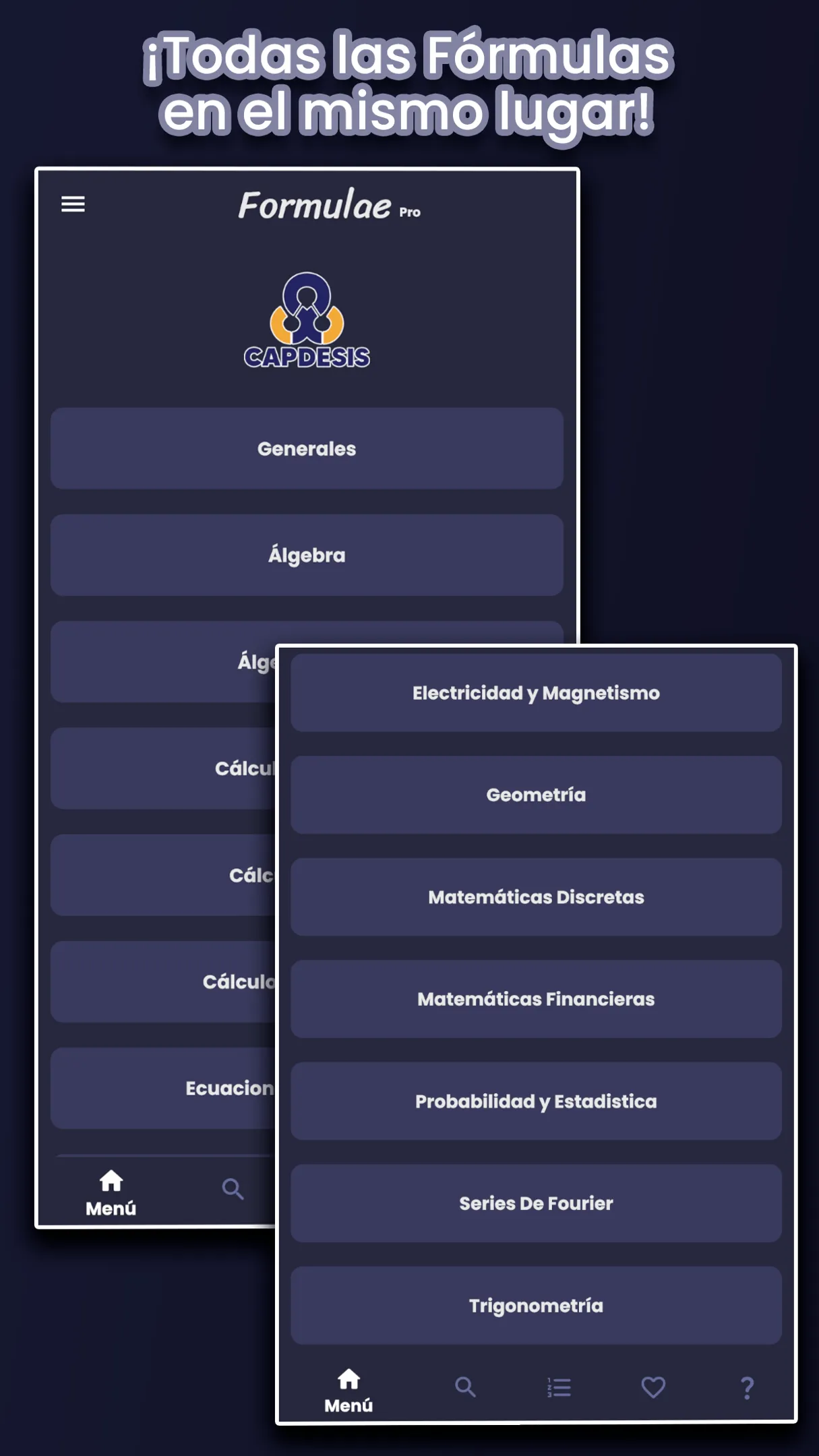 Formulae screenshot showing the math formulas catalog on a mobile screen